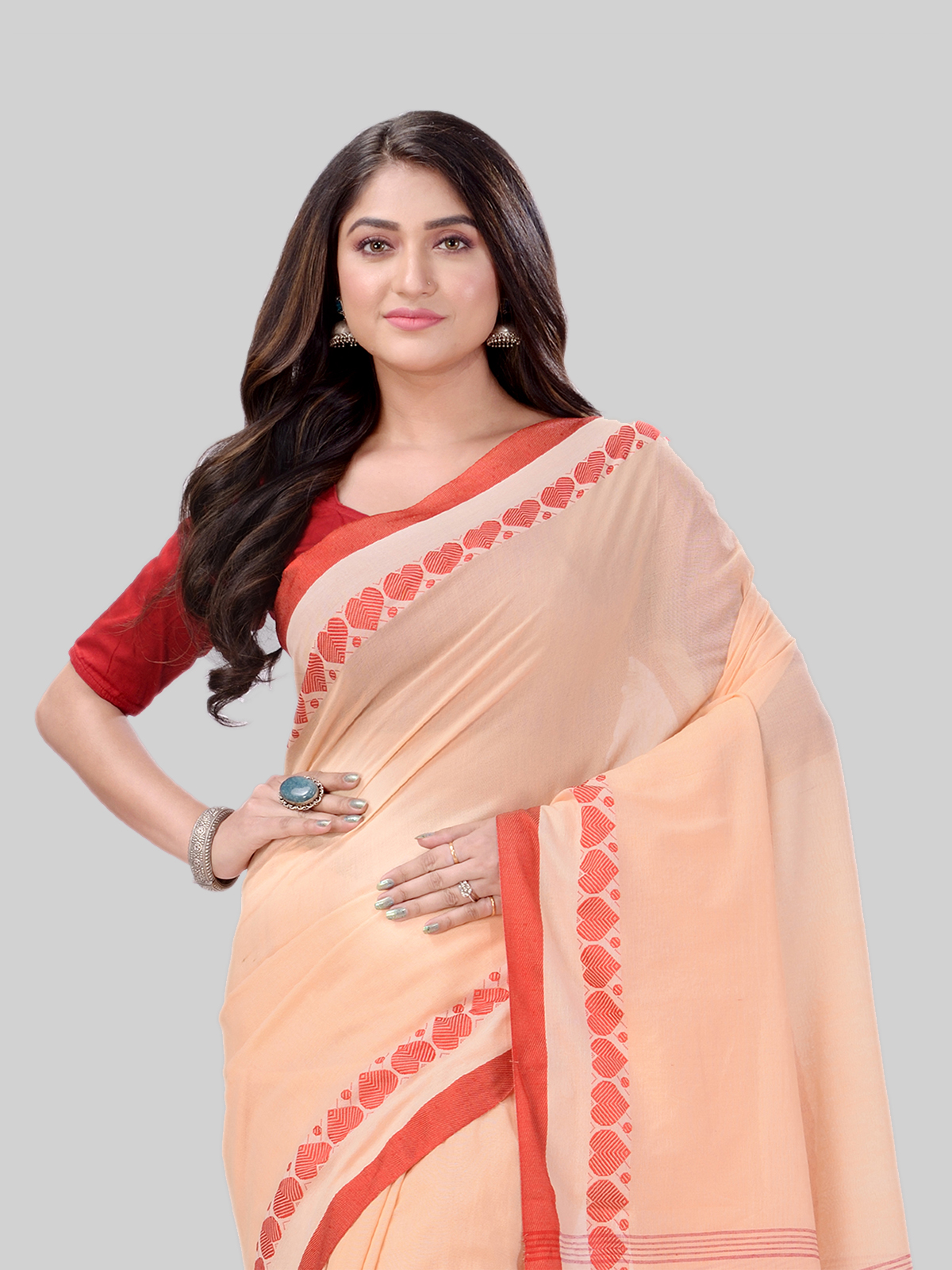 DESH BIDESH Women`s Traditional Bengali Tant Handloom Cotton Saree Royel Loveria Design With Blouse Piece (Cream Red)